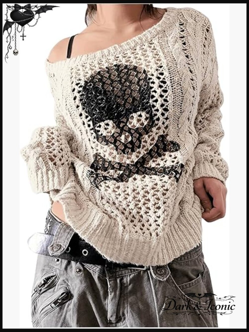 Loose Knit Off Shoulder Sheer Sweater Skull Print Grunge Gothic Pullover